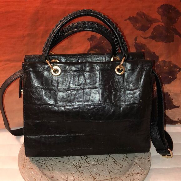 Sondra Roberts Black Pebbled Faux Leather Satchel Crossbody Strap - Picture 1 of 14